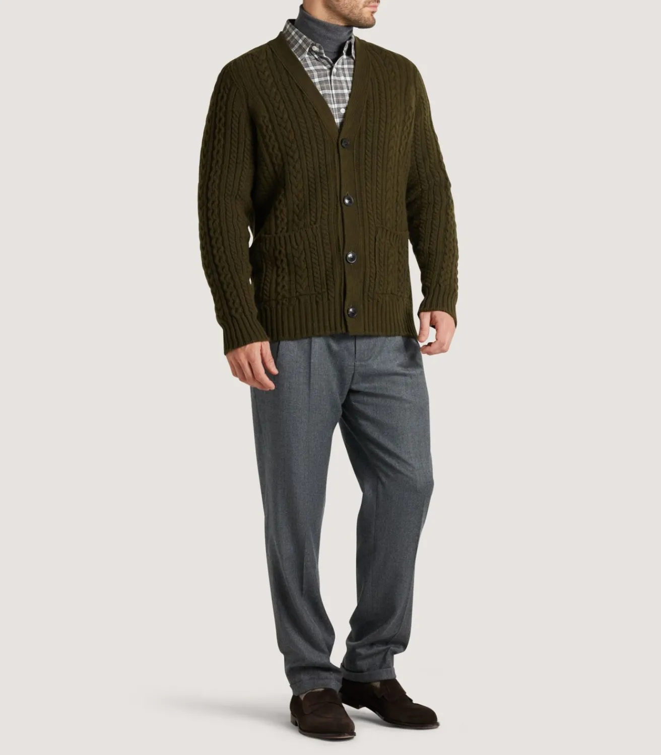 Men'S Cashmere Cable And Rib V Neck Cardigan In Military-Purdey Discount