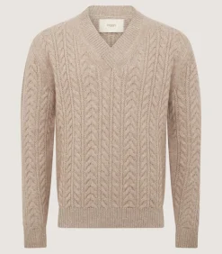 Men'S Taupe Cashmere Linen V Neck Cricket Jumper-Purdey New