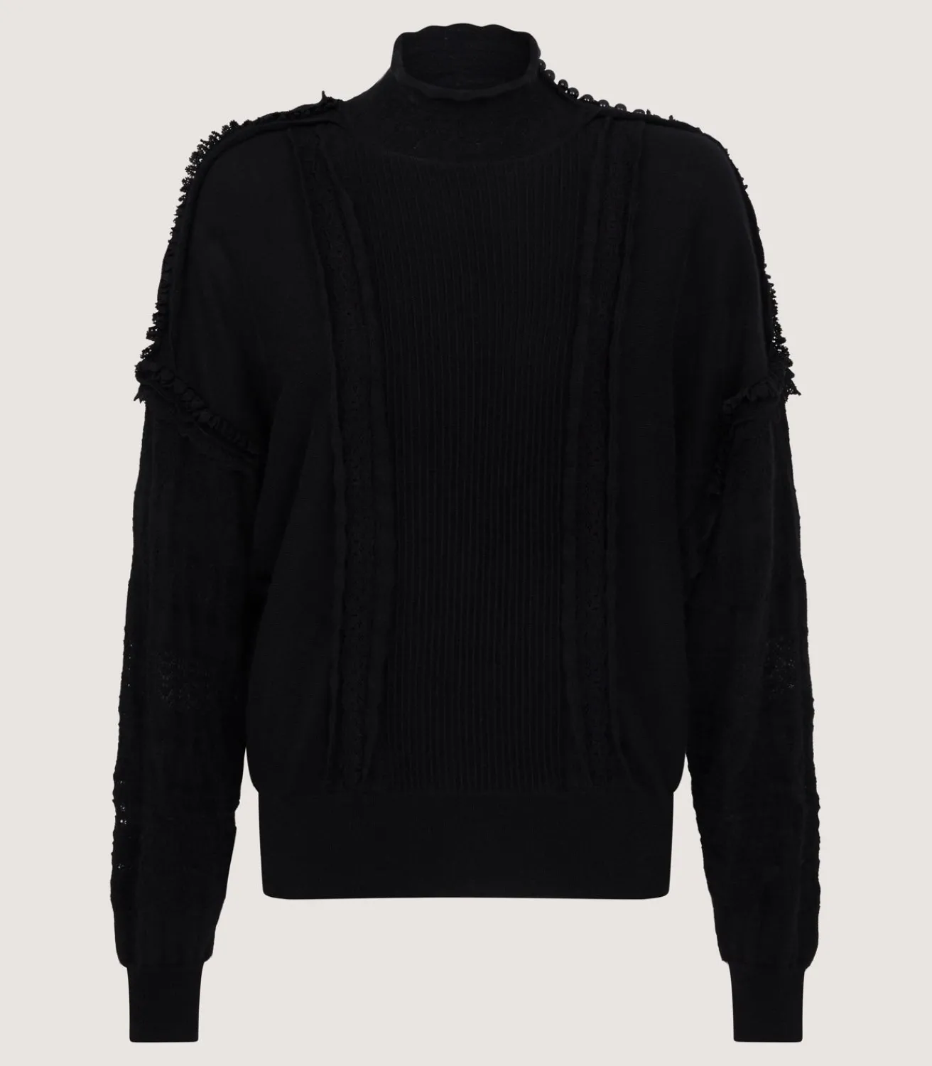 Women'S Cashmere Sweater Blouse With Lace Trim In Black-Purdey Online